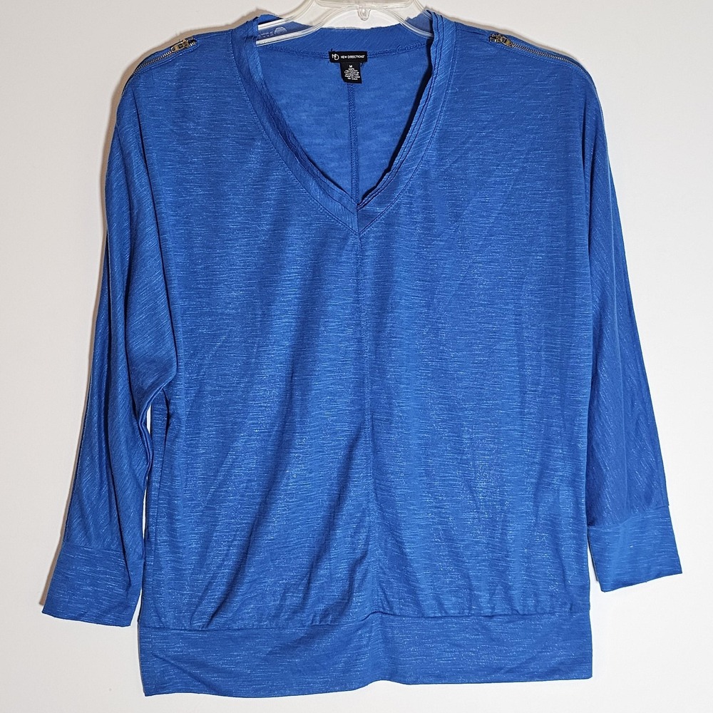 New Directions Blouse Womens Medium Metallic Pullover 3/4 Sleeve Zipper Top